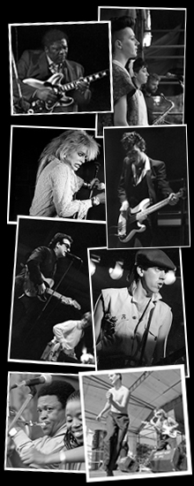 8 photos by Paul Norris that include BB King, Hanoi Rocks, The Pretenders, Elvis Costello, The Clash, Hugh Masekela and The Blue Aeroplanes